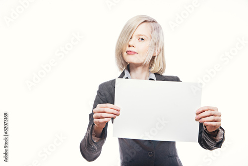 young pretty buisnesswoman hold a white sheet of paper