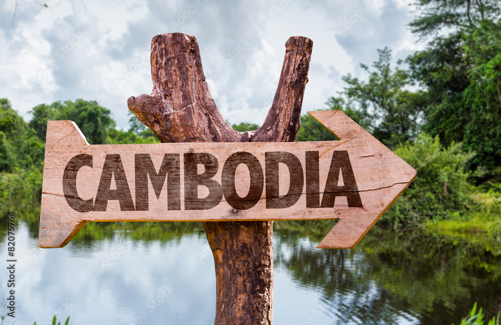 Cambodia wooden sign with forest background