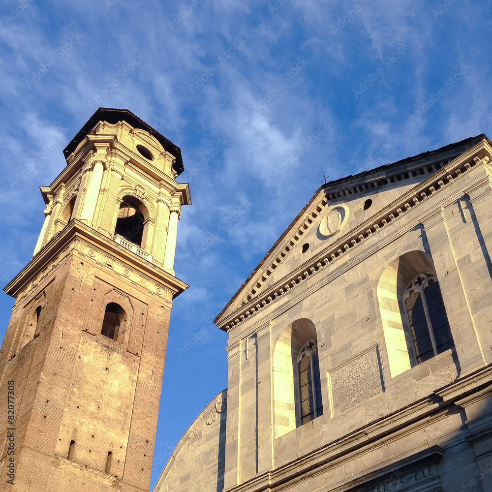 Turin cathedral and tower bell, holy shroud site, squared