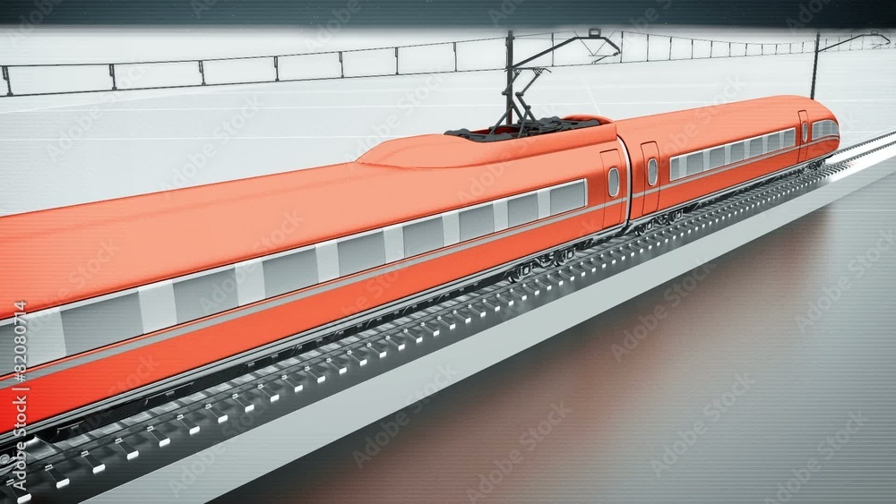 Orange high speed passenger train back view loop animation 