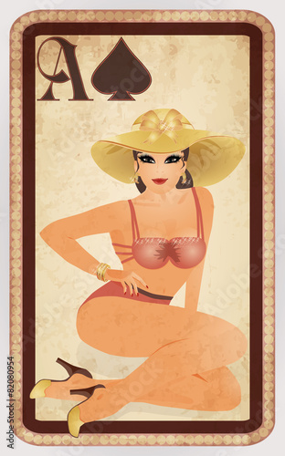 Spades poker cards pin up woman, vector illustration