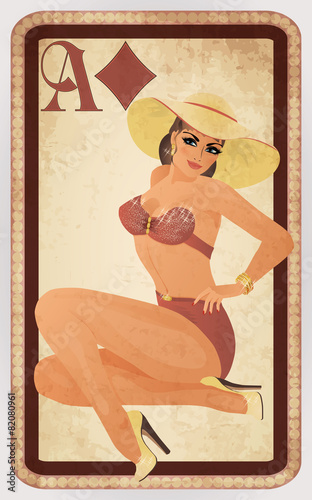 Diamonds poker cards pin up woman, vector illustration