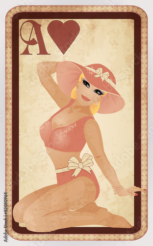 Hearts poker cards pin up woman, vector illustration