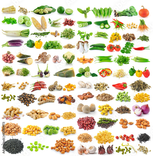 set of grains and vegetable on white background