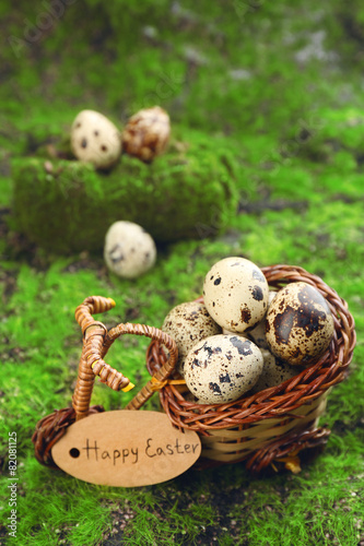 Bird eggs in decorative basket on green grass background