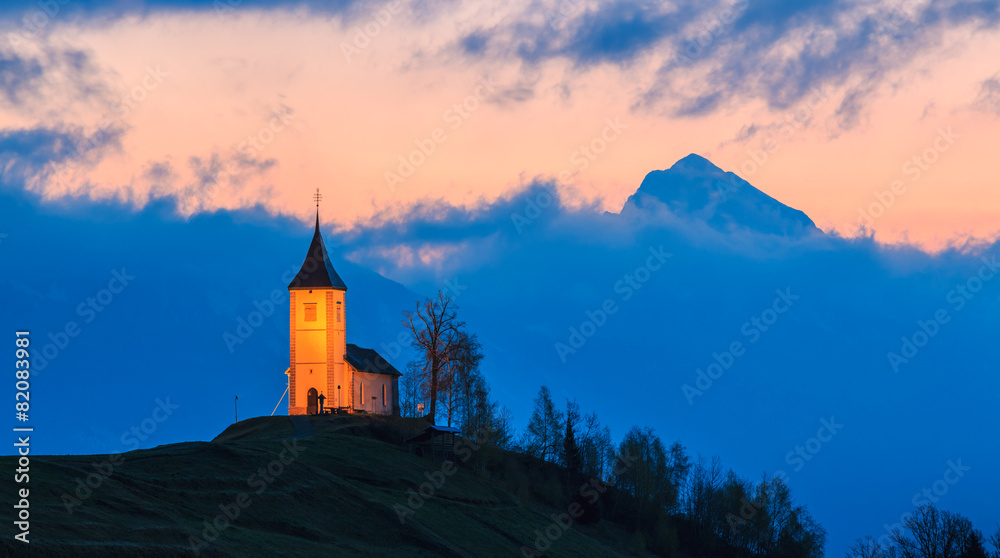 St. Primož church near Jamnik at dawn on, Slovenia