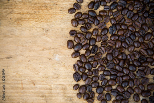 Coffee beans background on wooden, Fresh coffee beans