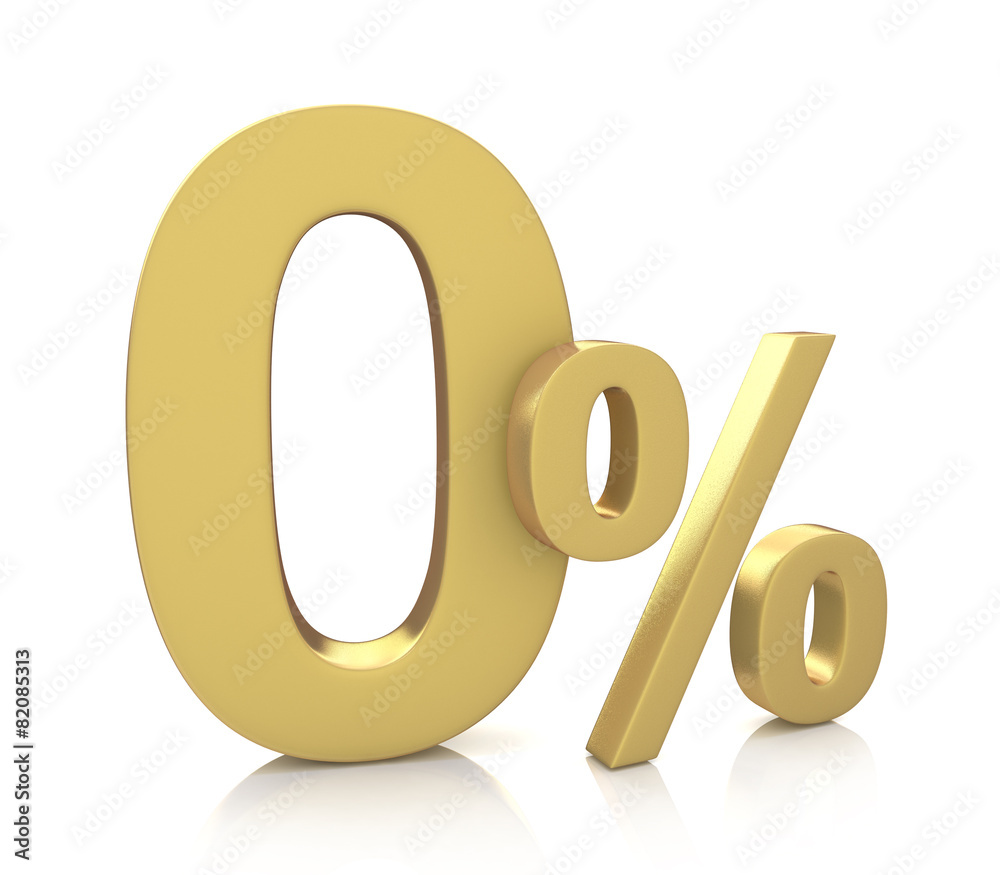 3D rendering of a 0 percent in gold letters on a white 3D rendering of a 0 percent in gold letters on a white