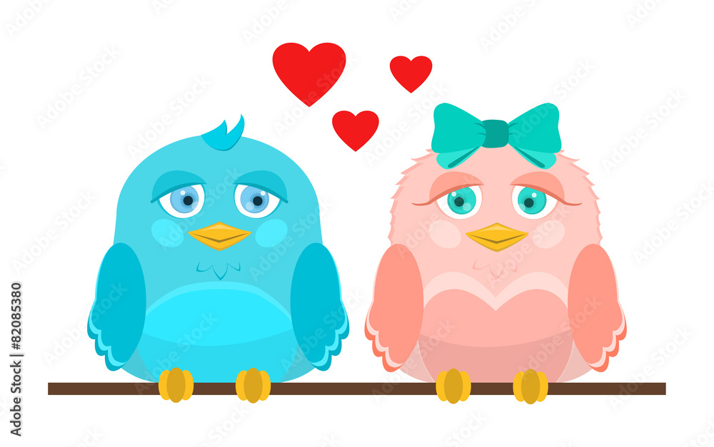 Vector illustration. Cute love birds sitting on a perch.