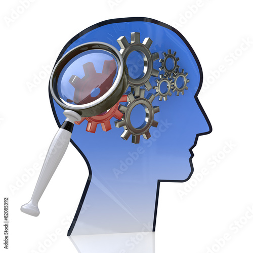 Head with gears inside as a symbol work of brain and magnifying