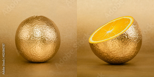 Whole and opened orange with golden peel on gold background