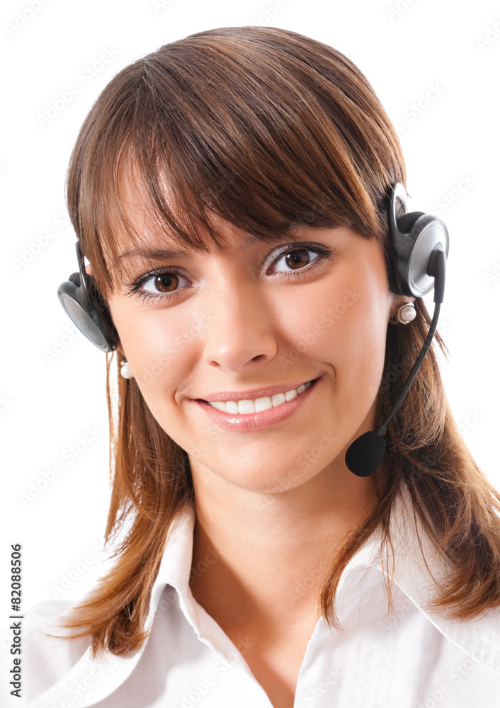 Portrait of support phone operator, on white Portrait of support phone operator, on white