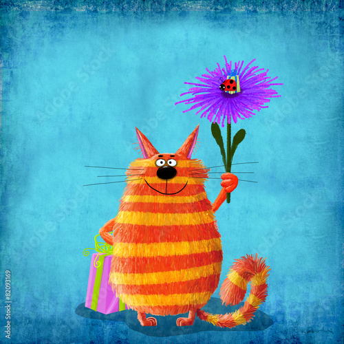 Smiling Striped Cat Holding a Flower with a Ladybug