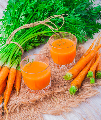 fresh carrot juice in glasses