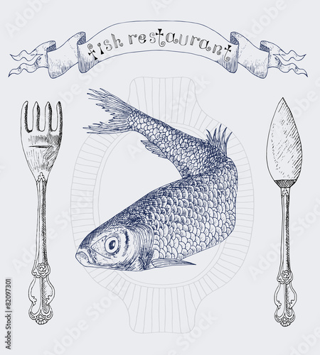 Fish restaurant banner with herring vertical