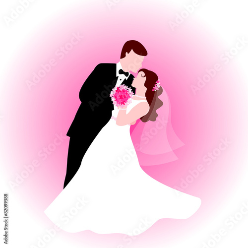 Dancing wedding couple in pink background