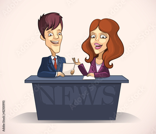 Leading man and woman in the studio of tv news