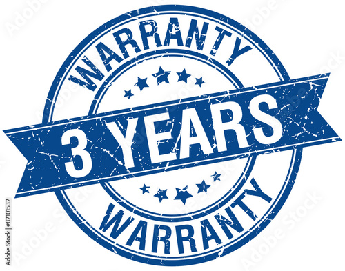 3 years warranty grunge retro blue isolated ribbon stamp