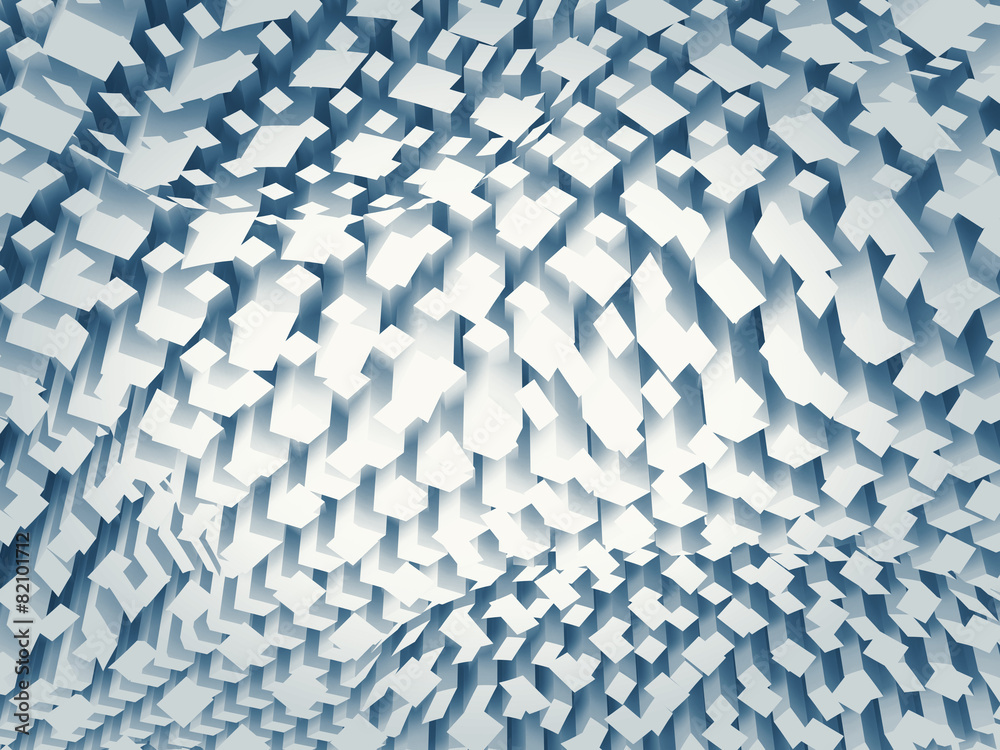 Fototapeta premium Chaotic blue square pattern on a curved surface, 3d