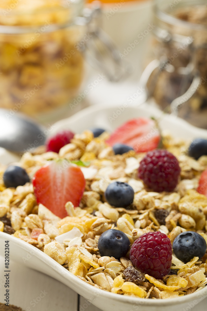 Light, delicious breakfast with cereal and fruit.