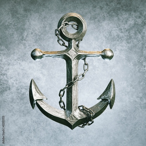 Highly detailed metallic anchor on grey background