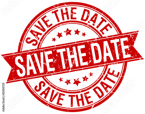 save the date grunge retro red isolated ribbon stamp