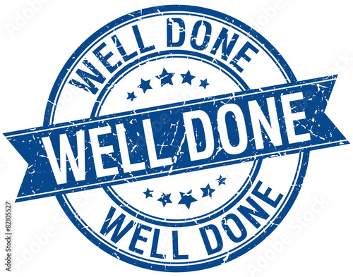 well done grunge retro blue isolated ribbon stamp