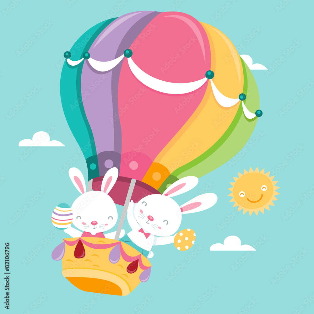 Naklejka premium Super Cute Easter Bunnies Hot Air Balloon