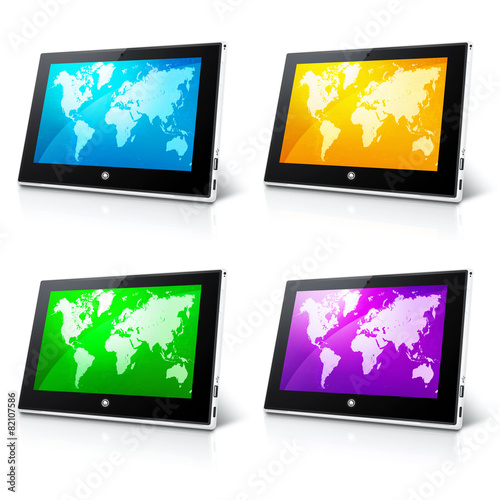 Kolorowe ikony tabletów z mapą świata