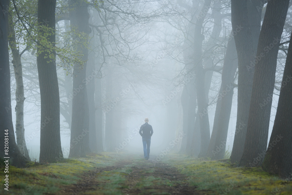 Fototapeta premium Man walking in a mysterious lane on a foggy and dark morning.