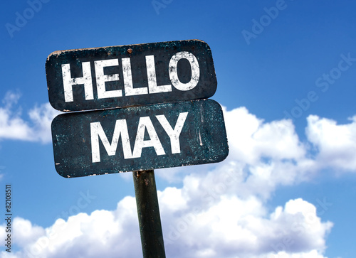 Hello May sign with sky background