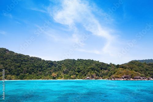 beach background with turquoise water, sky and island