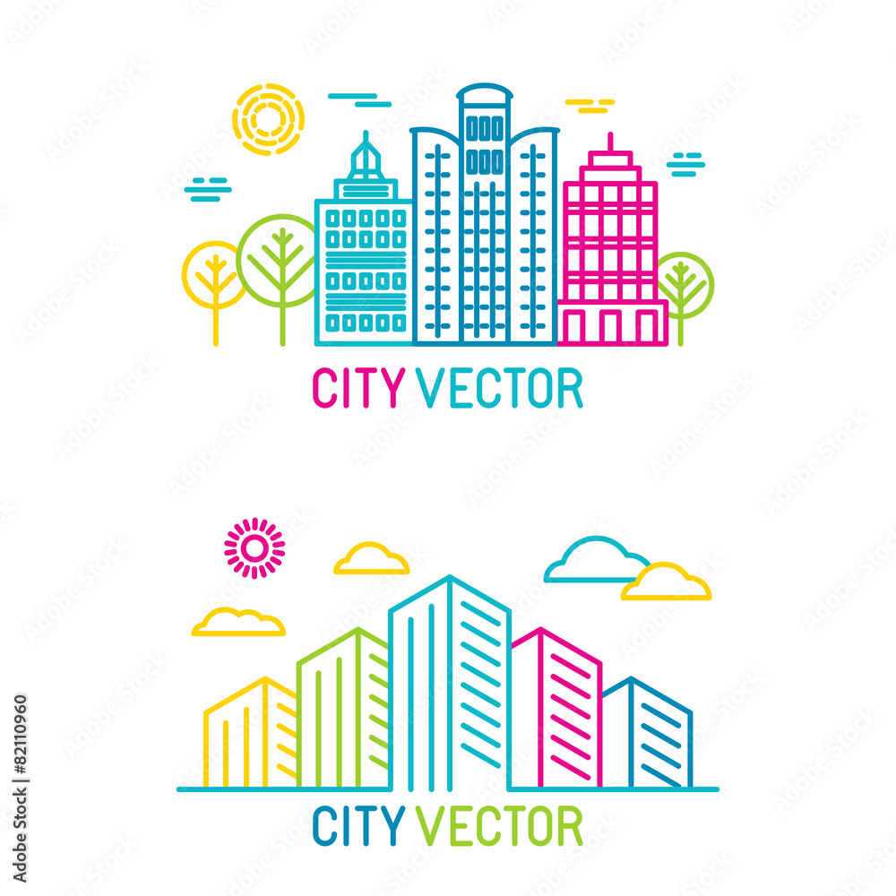 Vector city and architecture logos in trendy bright linear style