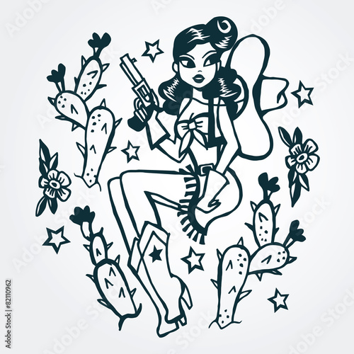 Hand Drawn Vintage Tattoo Ink Cow Girl