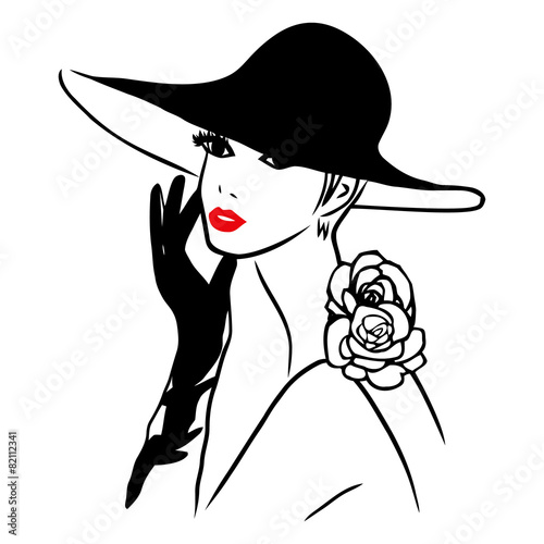 Vector Ink Line Art Lady Wearing Black Hat