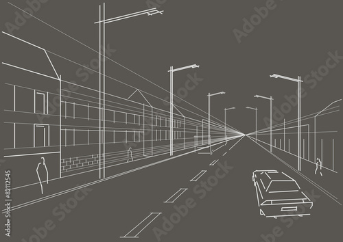 linear architectural sketch city street gray background