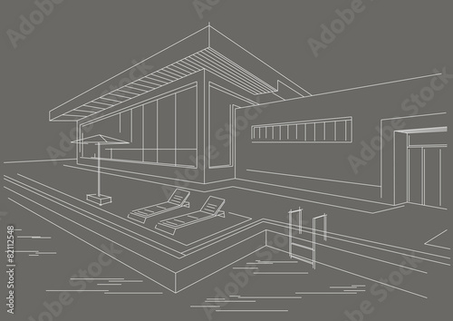 architectural line sketch cottage with pool gray background