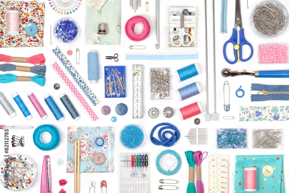 sewing and knitting on white background