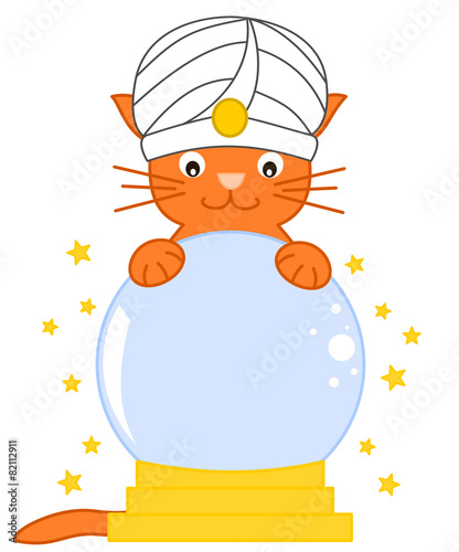 Cat predict future with magic crystal ball cartoon illustration