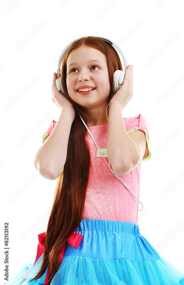 Beautiful little girl with headphones, isolated on white Beautiful little girl with headphones, isolated on white