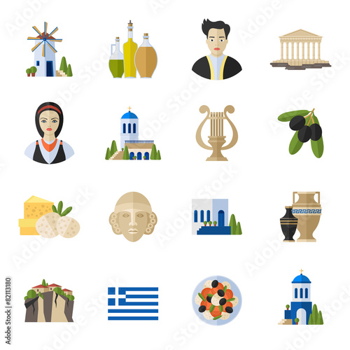 Greece Landmarks and cultural features  flat icons design set