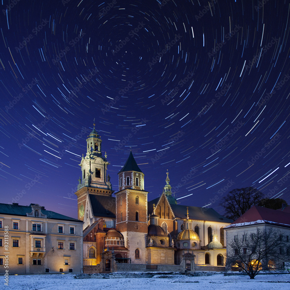 Naklejka premium Star Trails - Royal Cathedral - Krakow - Poland