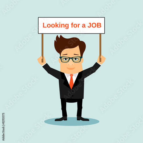 Unemployed business men holding boardr with sign.Vector cartoon photo