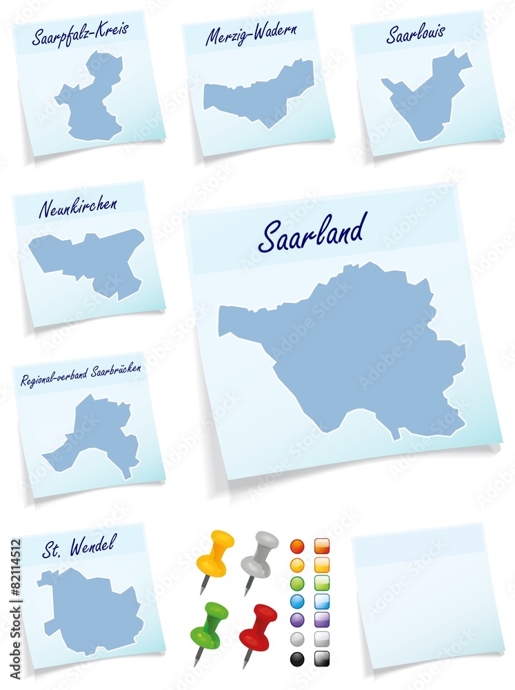 Collage von Saarland mit Landkreisen als Notizzettel in Blau