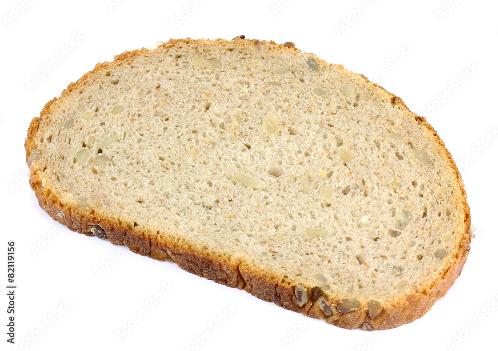 Close up image of slice of bread on against white background