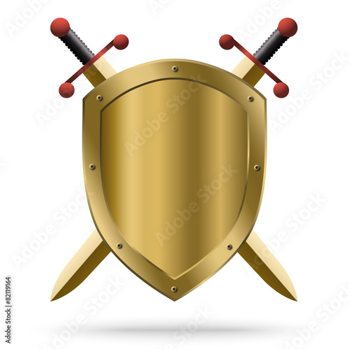 Double-edged golden swords and medieval shield