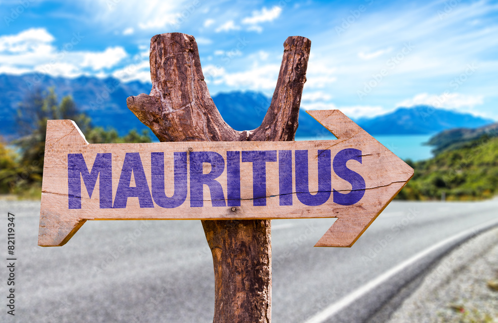 Mauritius wooden sign with road background