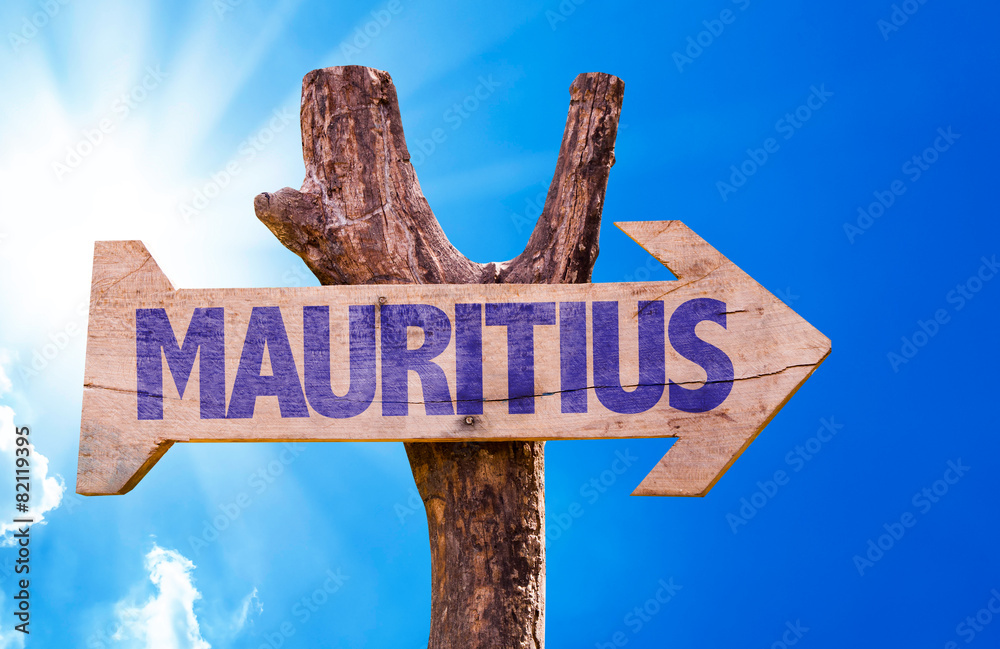 Mauritius wooden sign with sky background