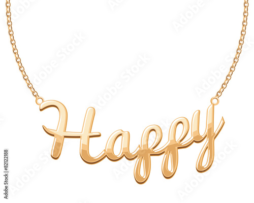 Golden HAPPY word pendant on chain necklace.