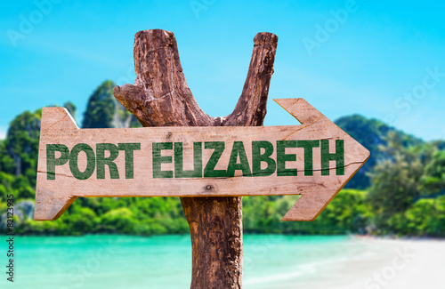 Port Elizabeth wooden sign with beach background